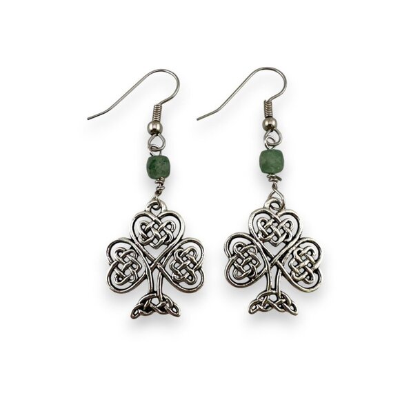 Silver Celtic Knot Earrings Green Aventurine Faceted Cube Gemstone - Picture 2 of 11